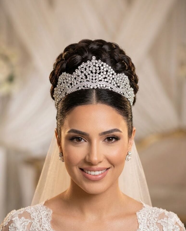 Zirkon Taşlı Döküm Yüksek Gelin Tacı