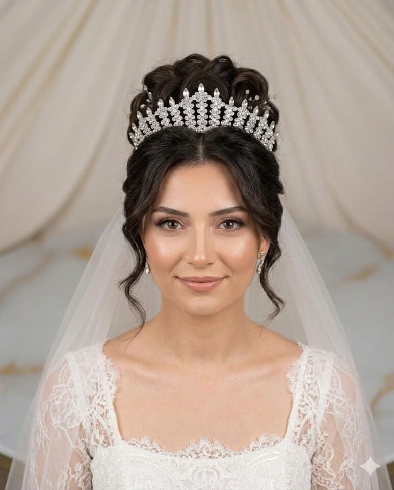 Prenses Gelin Tacı | Döküm Zirkon Taşlı Yüksek Taç