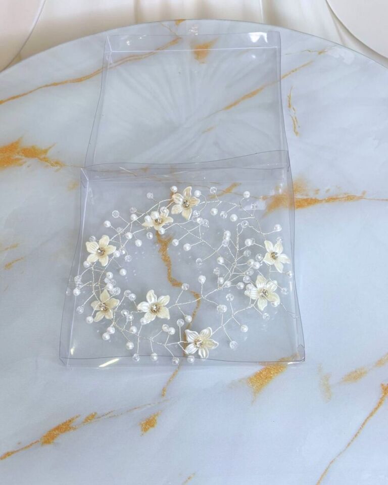 Gelin Saç Aksesuarı | Çiçekli İnci ve Kristalli Esnek Saç Bandı (85 cm) | Gelin Taç Aksesuar