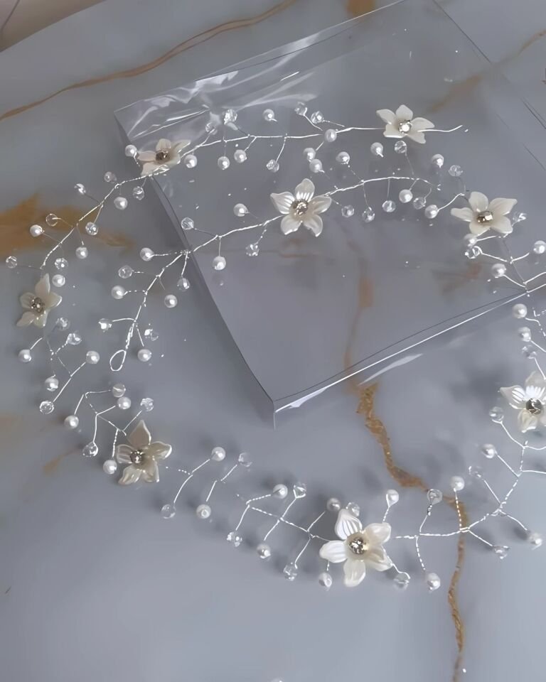 Gelin Saç Aksesuarı | Çiçekli İnci ve Kristalli Esnek Saç Bandı (85 cm) | Gelin Taç Aksesuar