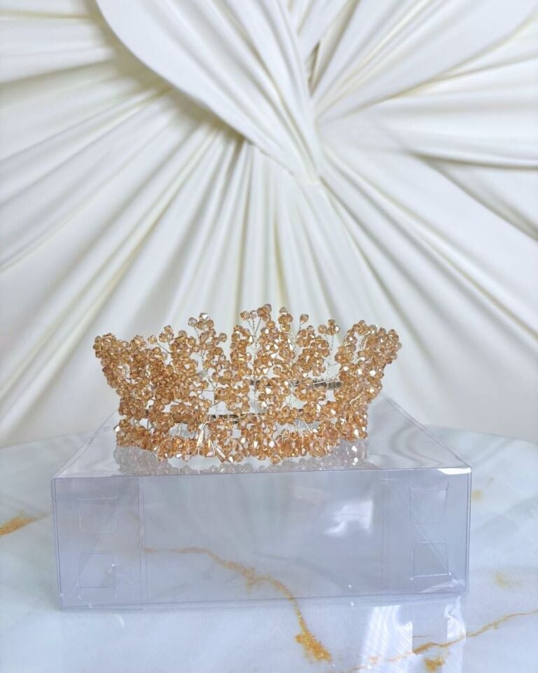 Bej Kristal Taşlı Gelin Tacı | Tesettür Uyumlu Gelin Saç Aksesuarı | Düğün & Kına Gecesi Tacı