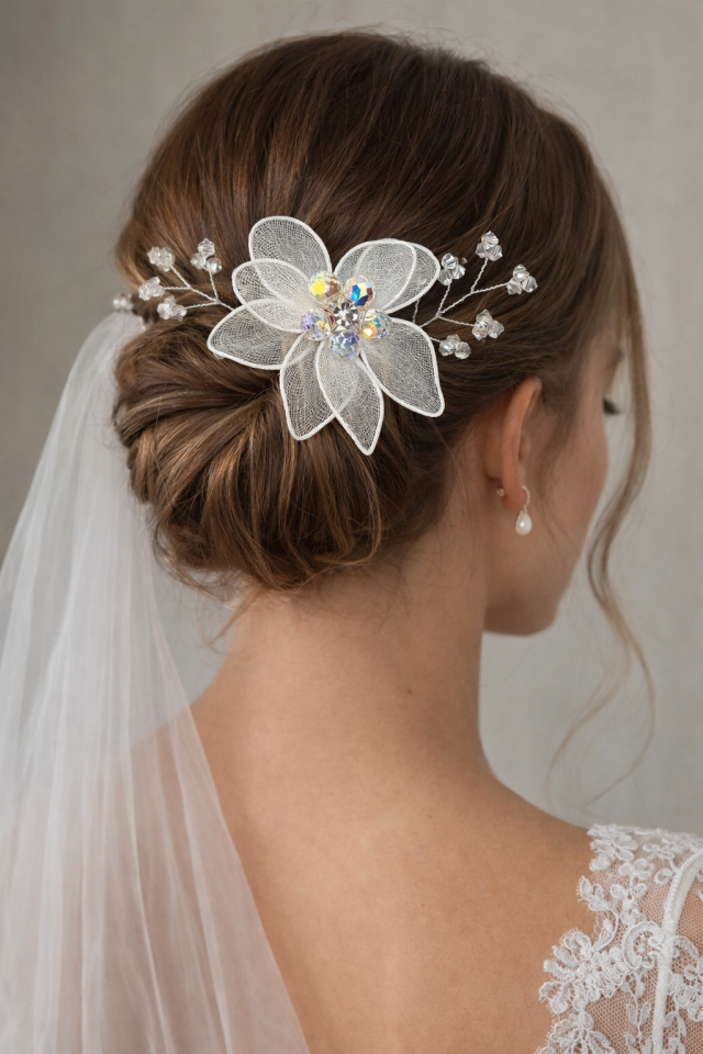 Taraklı Gelin Saç Tokası | Tül Yapraklı Kristal Taşlı Çiçekli Gelin Saç Aksesuarı