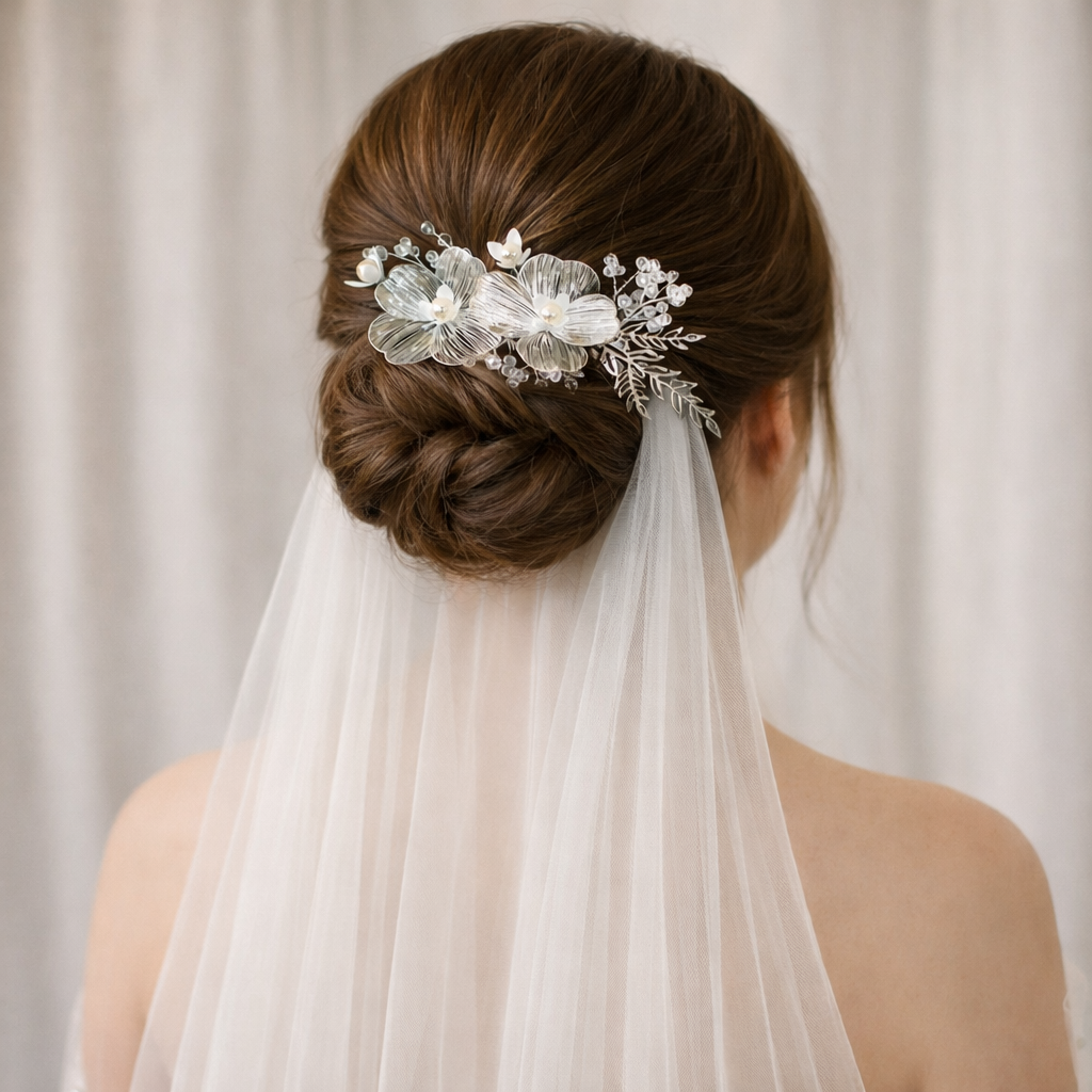 Kristal İnci Çiçekli Gelin Saç Tokası | Gümüş Düğün Saç Aksesuarı