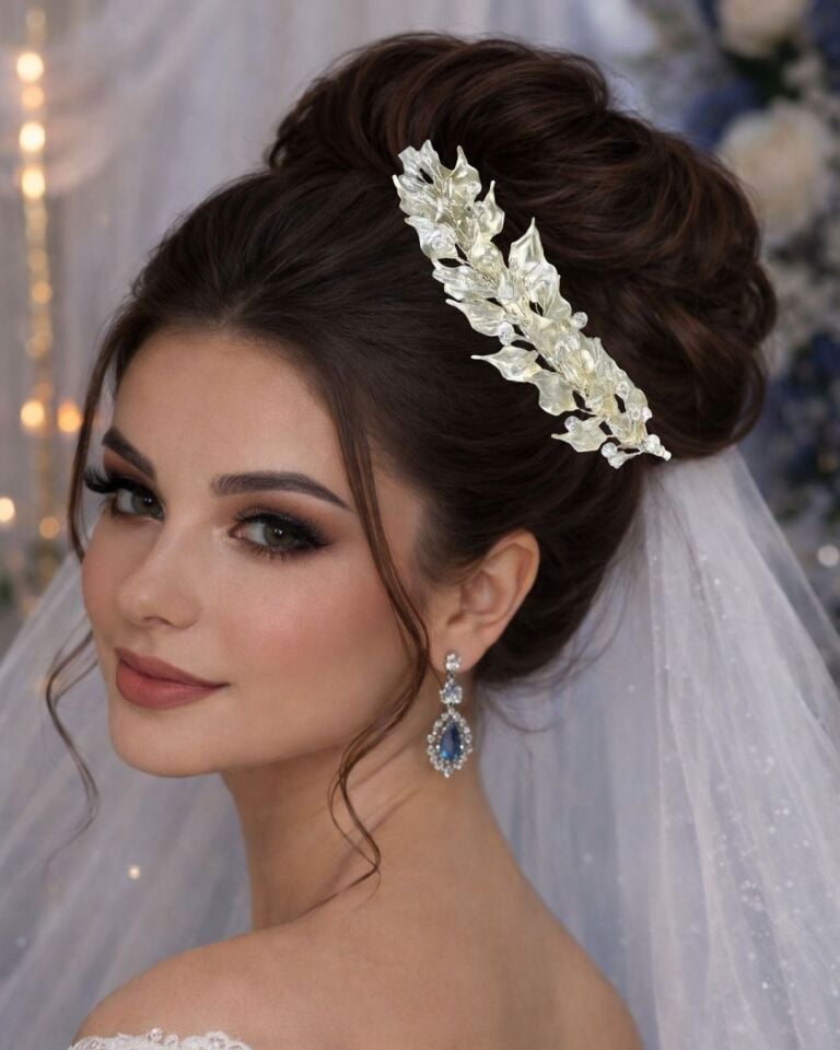 Gelin Tacı | Sedef Yapraklı Lüks Saç Aksesuarı | Kristal Taşlı Taç