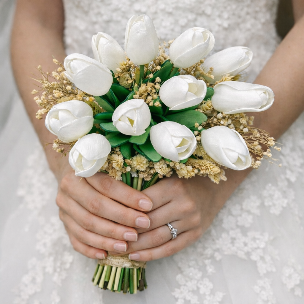 Gelin El Çiçeği Buketi Cipsolu Beyaz Lale