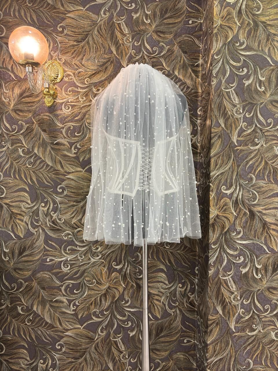 Yoğun Büyük-Küçük İnci Karışık Kısa Duvak (75cm)