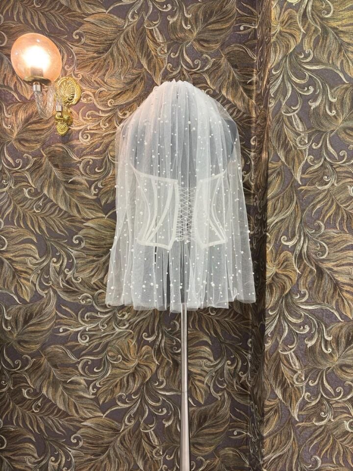 Yoğun Büyük-Küçük İnci Karışık Kısa Duvak (75cm)