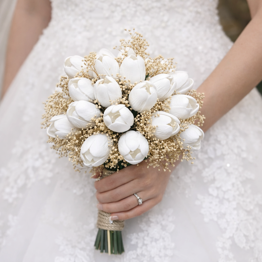 Gelin El Çiçeği Buketi 16 Adet Beyaz Islak Lale