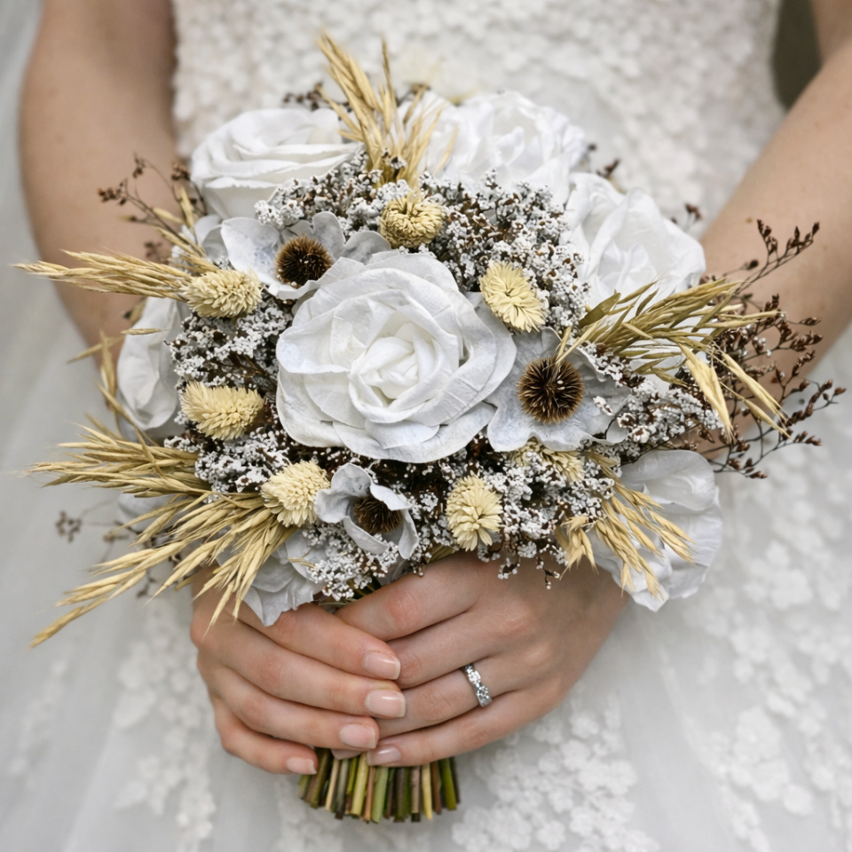 Beyaz Gül Şakayık Papatyalı Gelin El Çiçeği Buketi