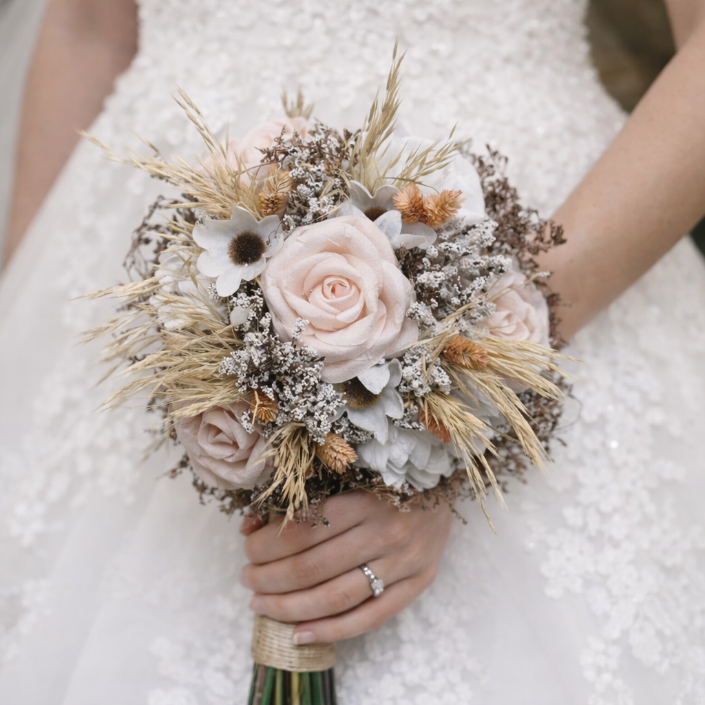 Gelin El Çiçeği Buketi Beyaz ve Somon