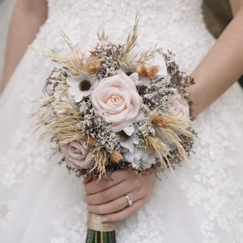 Gelin El Çiçeği Buketi Beyaz ve Somon