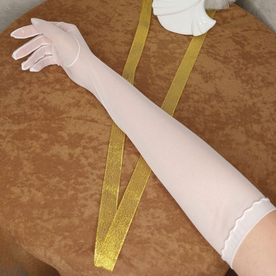 Beyaz Gelin Eldiveni Uzun Eldiven Şeffaf Eldiven Tül Eldiven