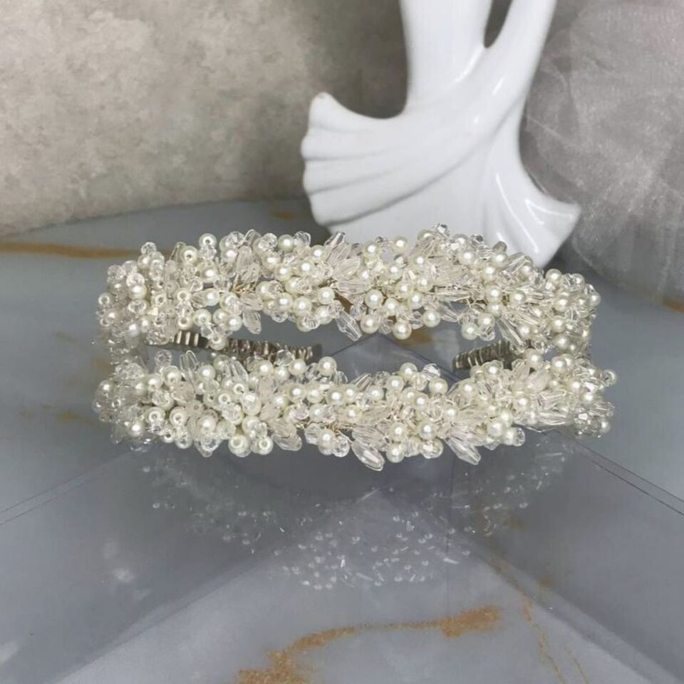 Gelin Tacı | İkili İnci ve Kristalli Gelin Tacı