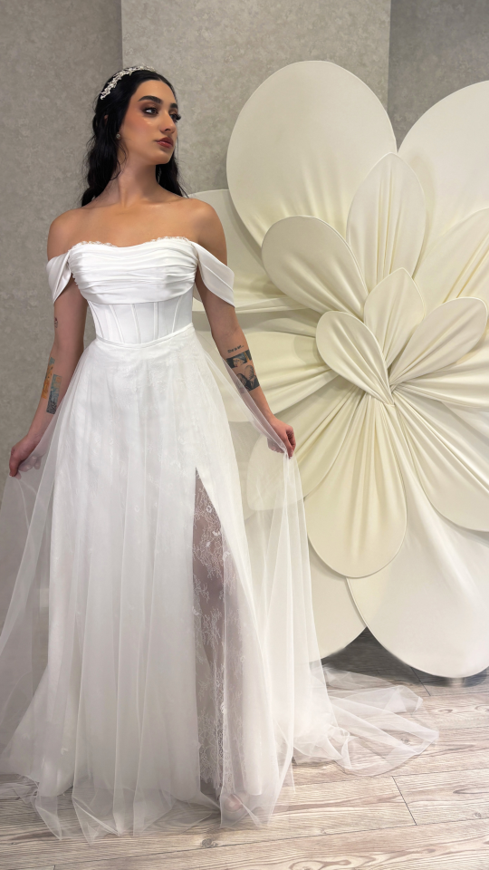 MACY | Saten Yırtmaçlı Gelinlik