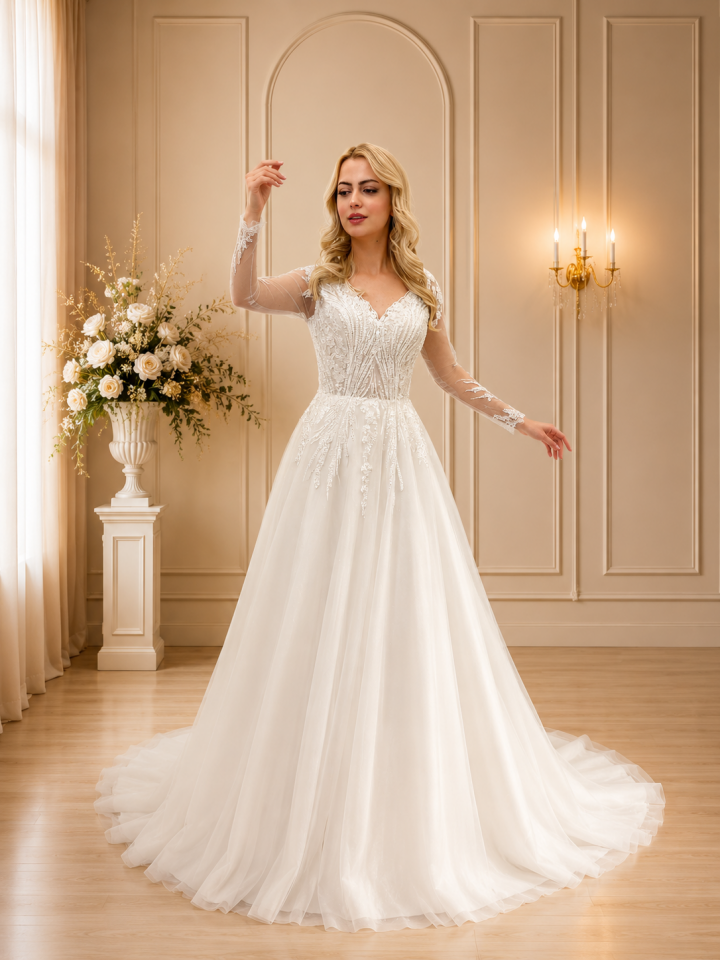 GINA | Embroidered Sleeved Wedding Dress