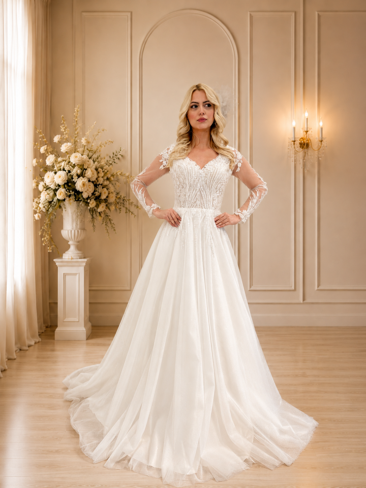 GINA | Embroidered Sleeved Wedding Dress