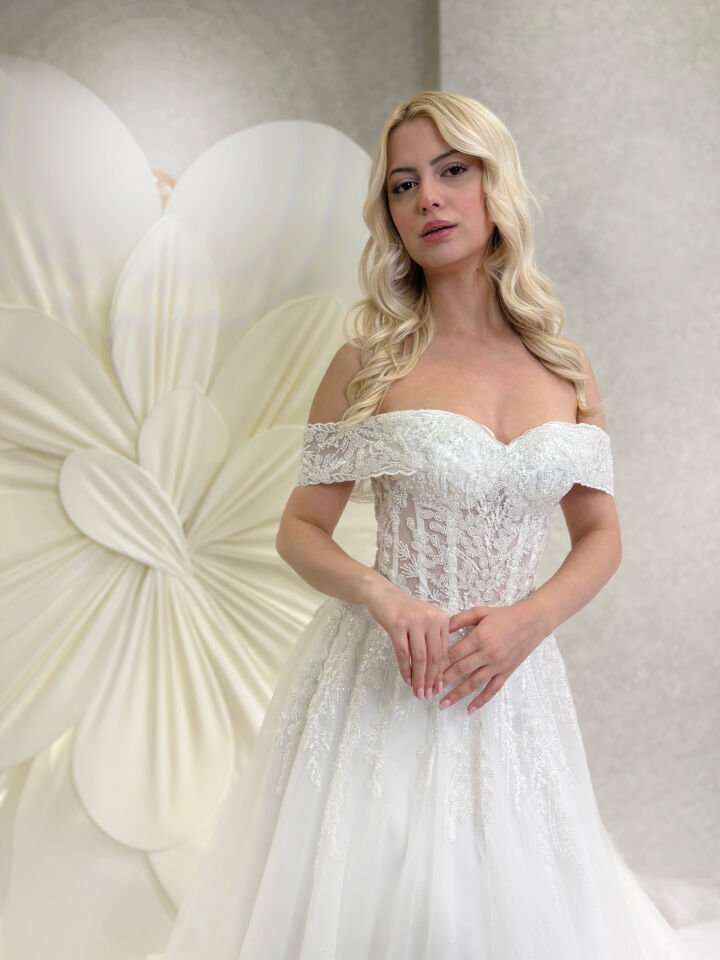 AMANDA | Balenli İşleme Dantelli Gelinlik